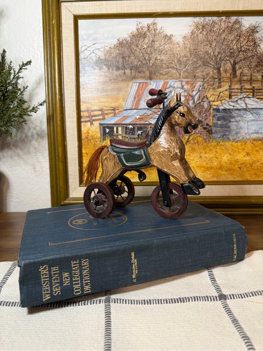 Vintage Carved Hand-Painted Folk Art Wooden Horse Accent in Tan and Brown